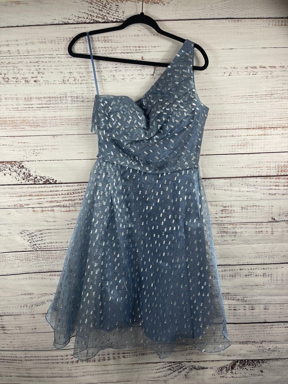 Rene Ruiz Collection Dress Women's Size 6 Blue Polka Dot One Shoulder Fit Flare